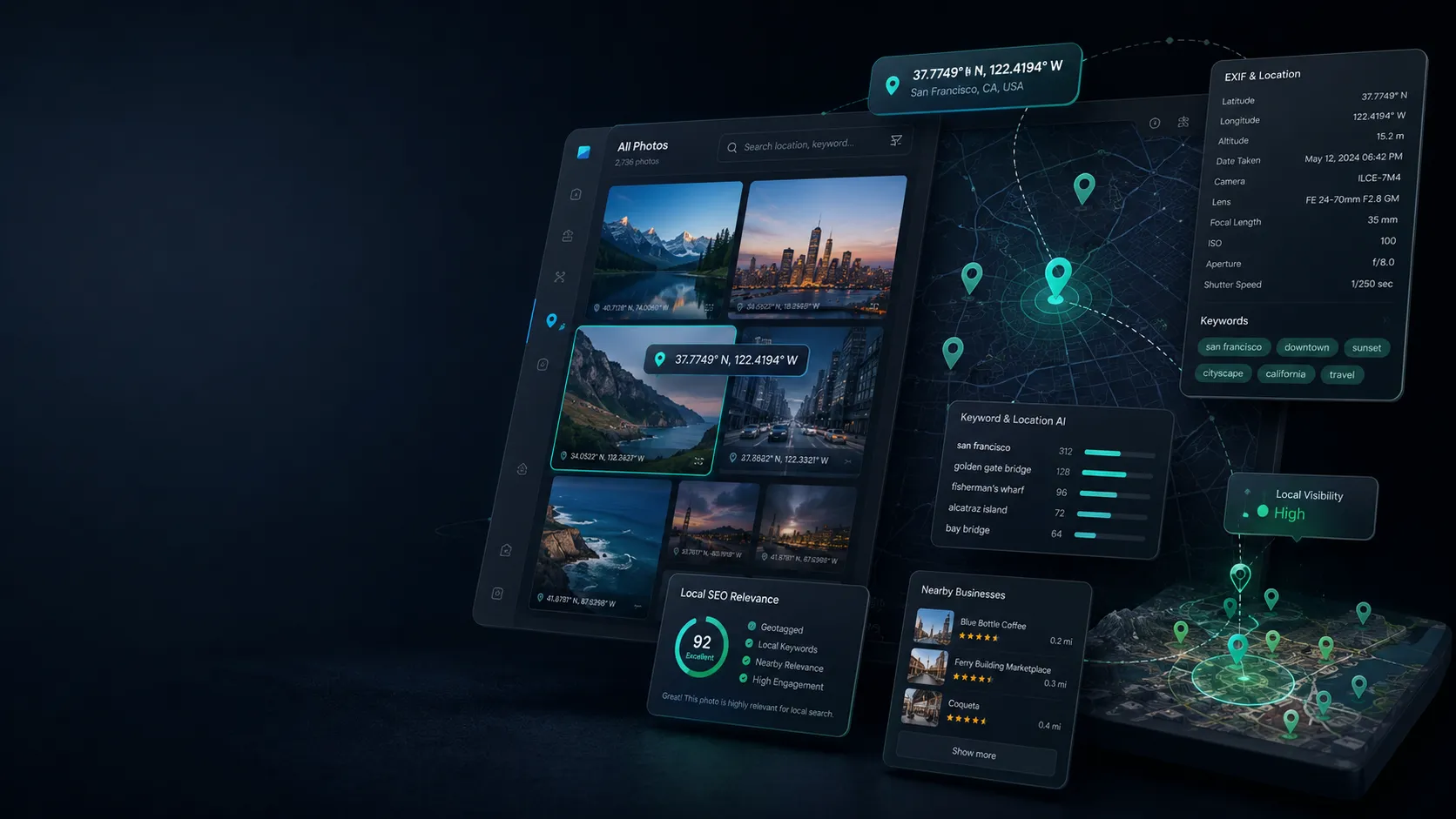 Dark SaaS-style hero image showing geotagged photo thumbnails, GPS map pins, EXIF metadata panels, and local SEO image workflow elements