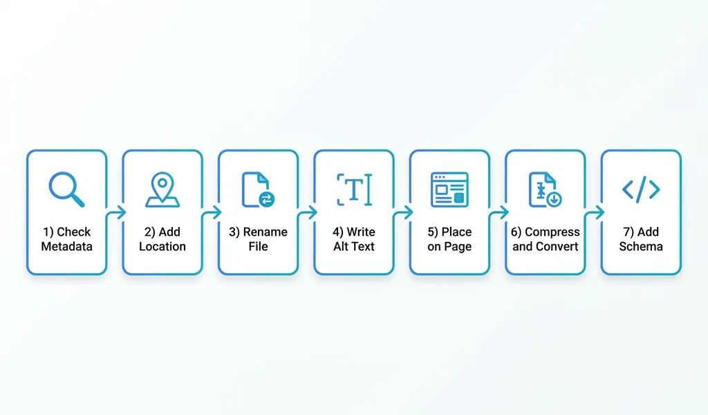 Step-by-step workflow diagram showing image metadata inspection, geotagging, renaming, alt text, compression, and publishing