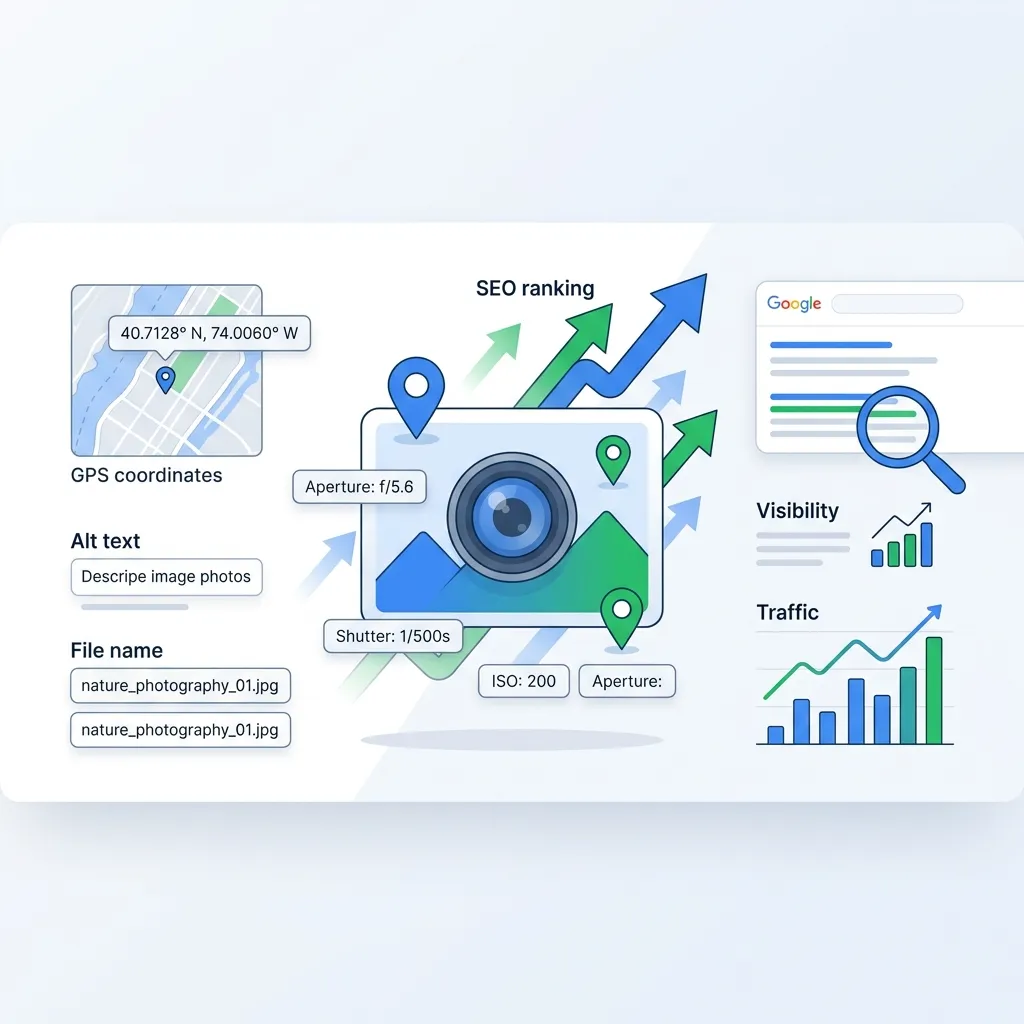 Infographic showing the relationship between photo geotagging, image metadata, and SEO ranking factors