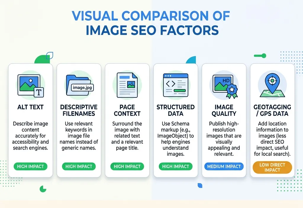 Comparison diagram showing geotagging alongside alt text, filenames, structured data, and page content as image SEO factors