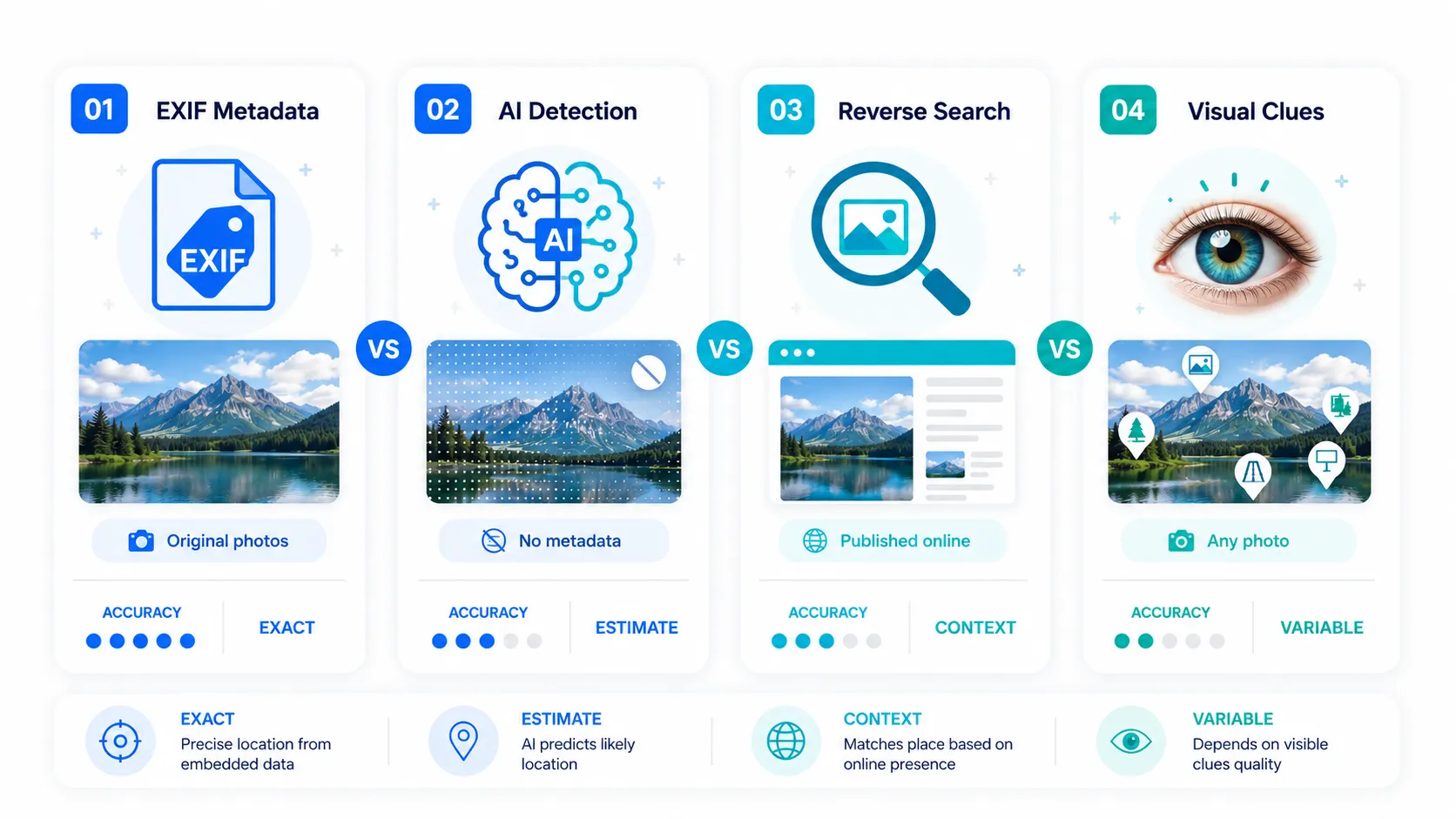 Visual comparison of four methods to find photo location showing EXIF metadata check, AI detection, reverse image search, and visual analysis with use cases