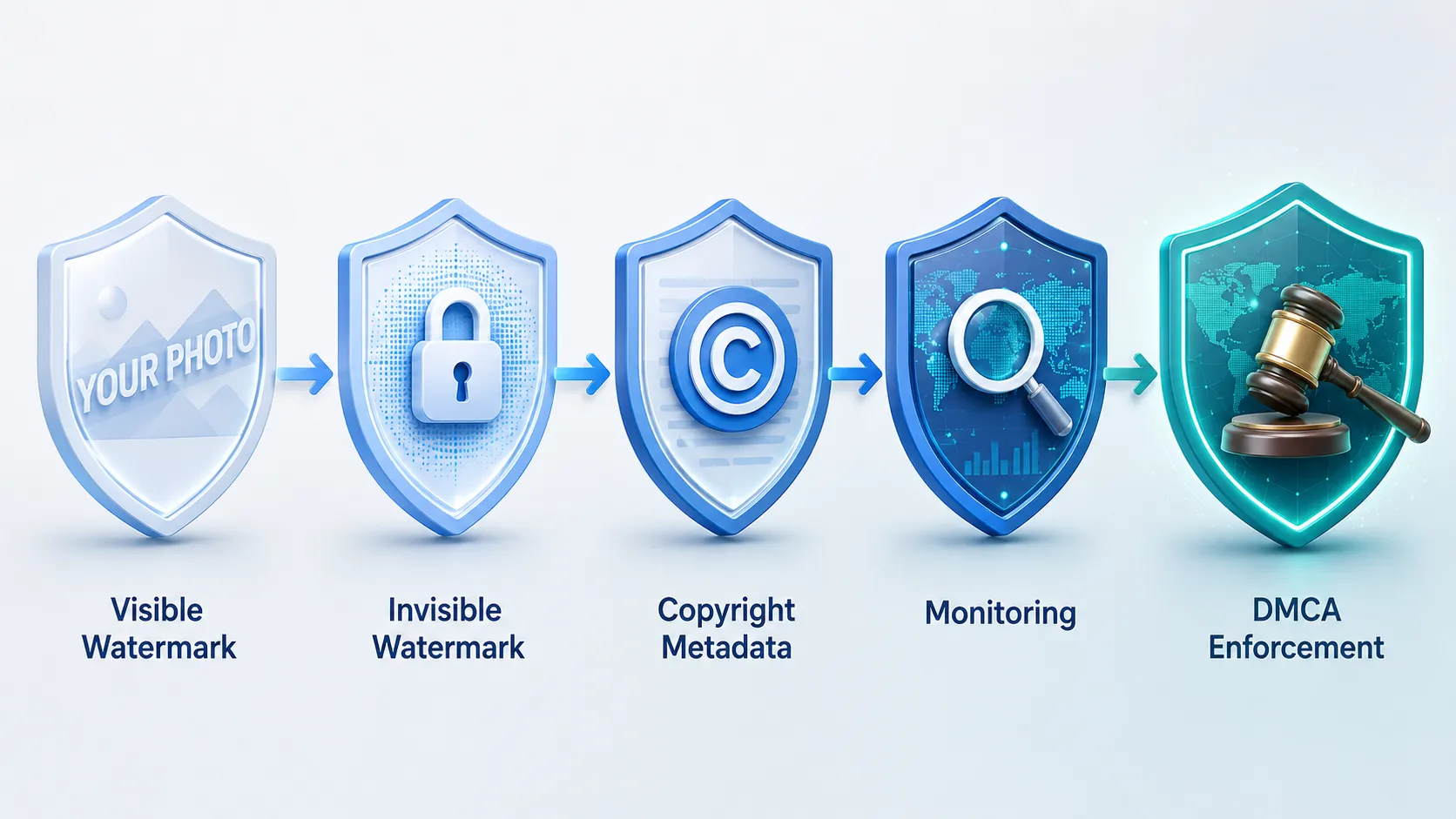 Diagram showing five layers of photo protection from visible watermark to invisible watermark to copyright metadata to monitoring to DMCA enforcement in a horizontal flow