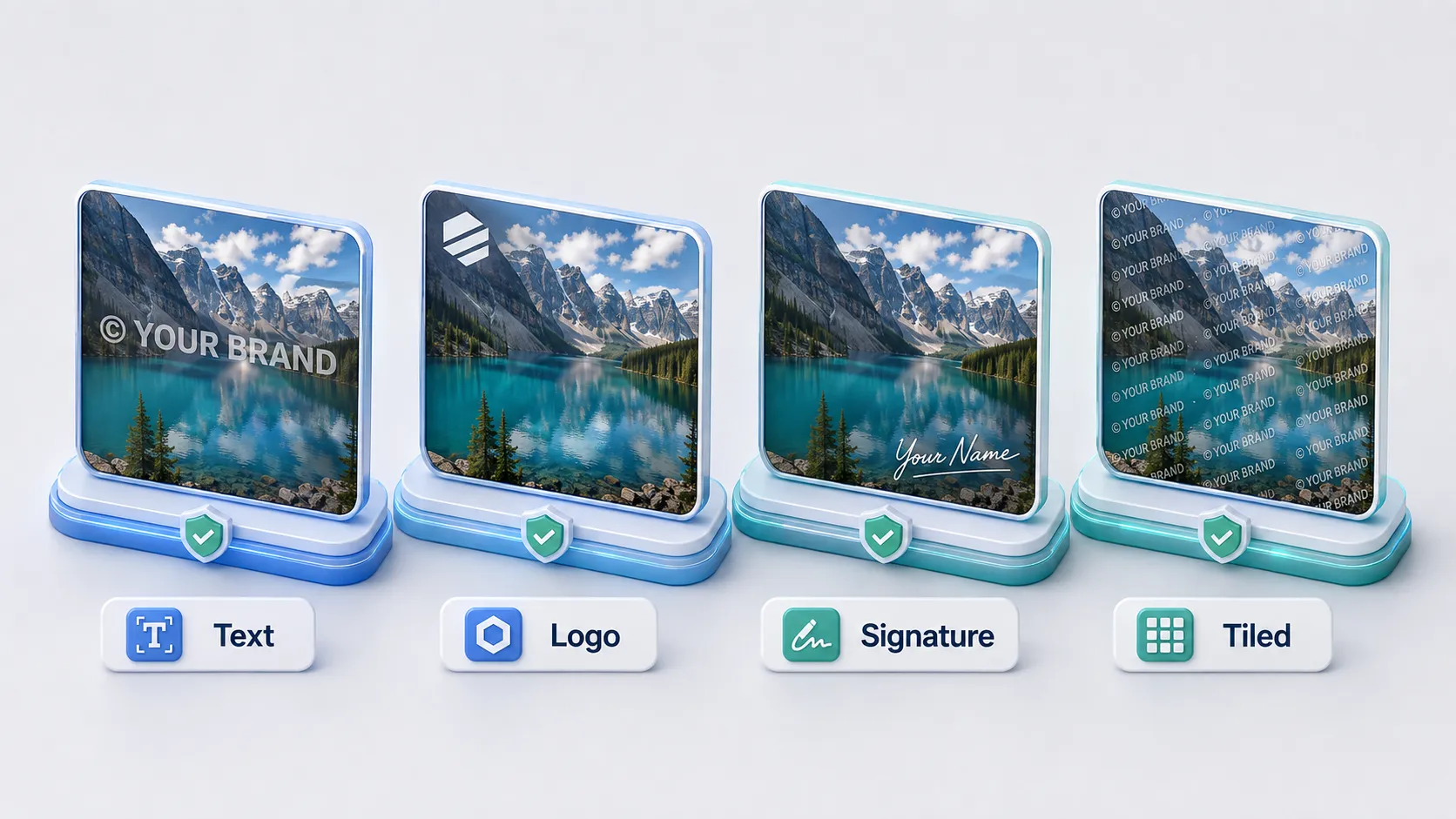 Four examples of watermark types showing text watermark logo watermark handwritten signature watermark and tiled repeat pattern watermark on sample photographs