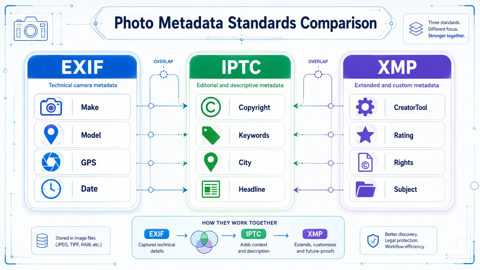 Three-column comparison showing EXIF metadata fields like camera and GPS on the left, IPTC fields like copyright and keywords in the center, and XMP fields like creator tool and ratings on the right