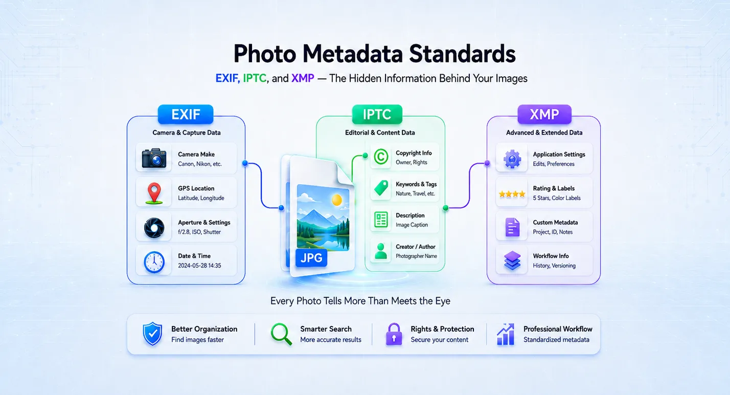 Diagram showing three types of image metadata EXIF IPTC and XMP with labeled fields for GPS camera info copyright and keywords inside a photo file icon