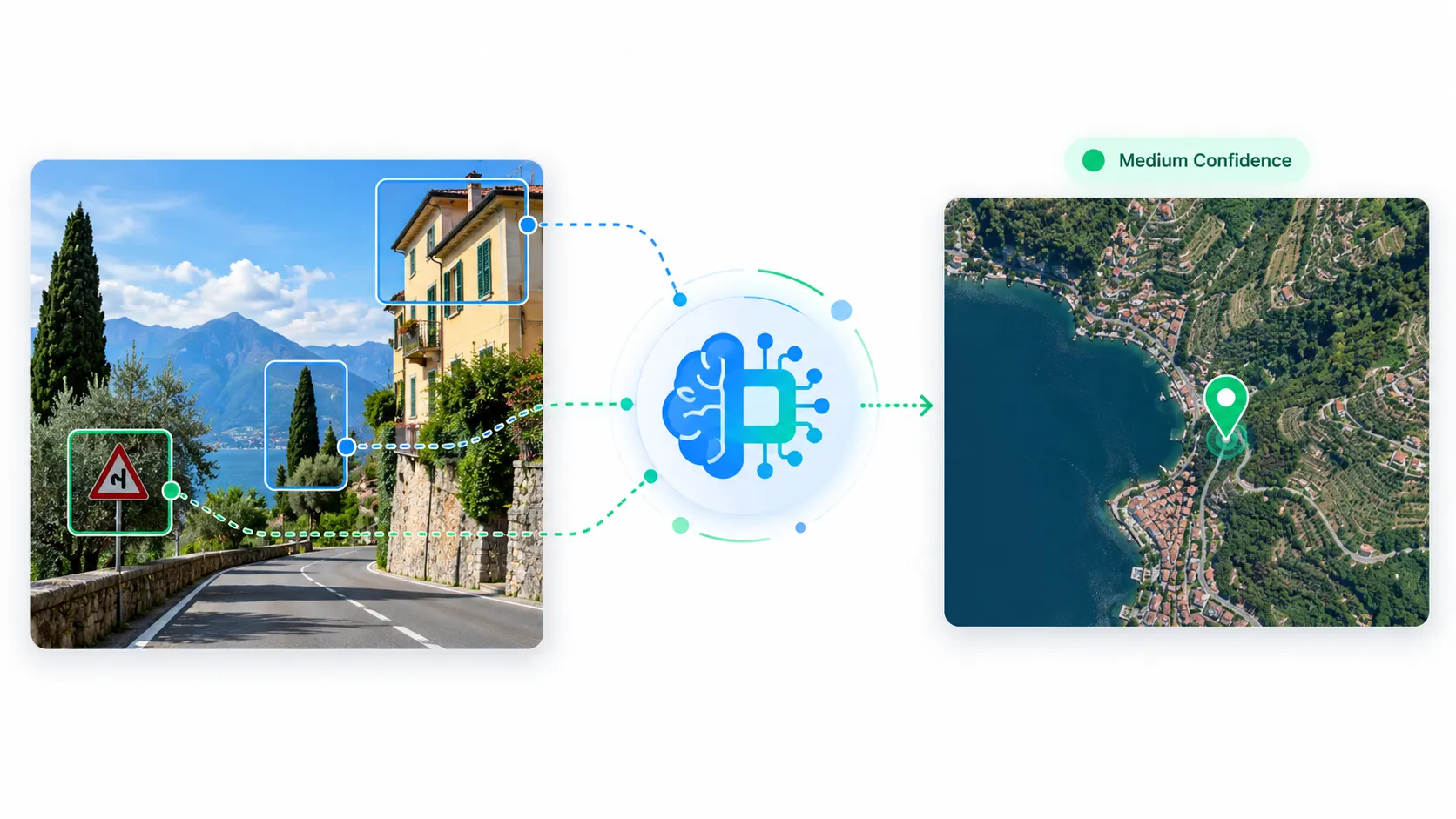 Illustration showing how AI photo location tools analyze visual clues like architecture, vegetation, and signage to estimate where a photo was taken
