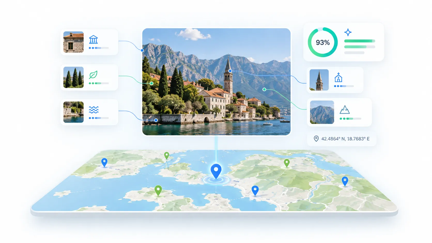 Comparison of AI photo location finder tools showing a photo being analyzed with map pins and confidence indicators on a light background