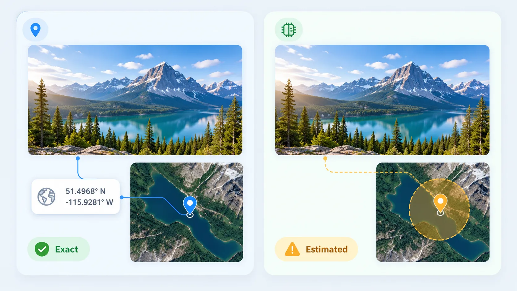 Side-by-side comparison showing GPS metadata providing exact coordinates versus AI estimation showing a probability zone on a map
