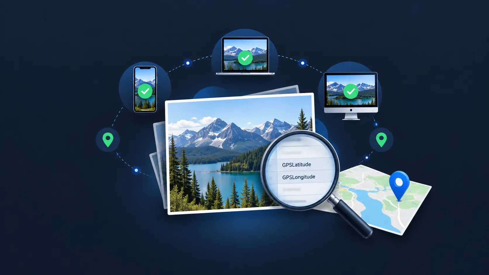 Step-by-step guide showing how to check if a photo contains GPS geotag data across different devices and platforms