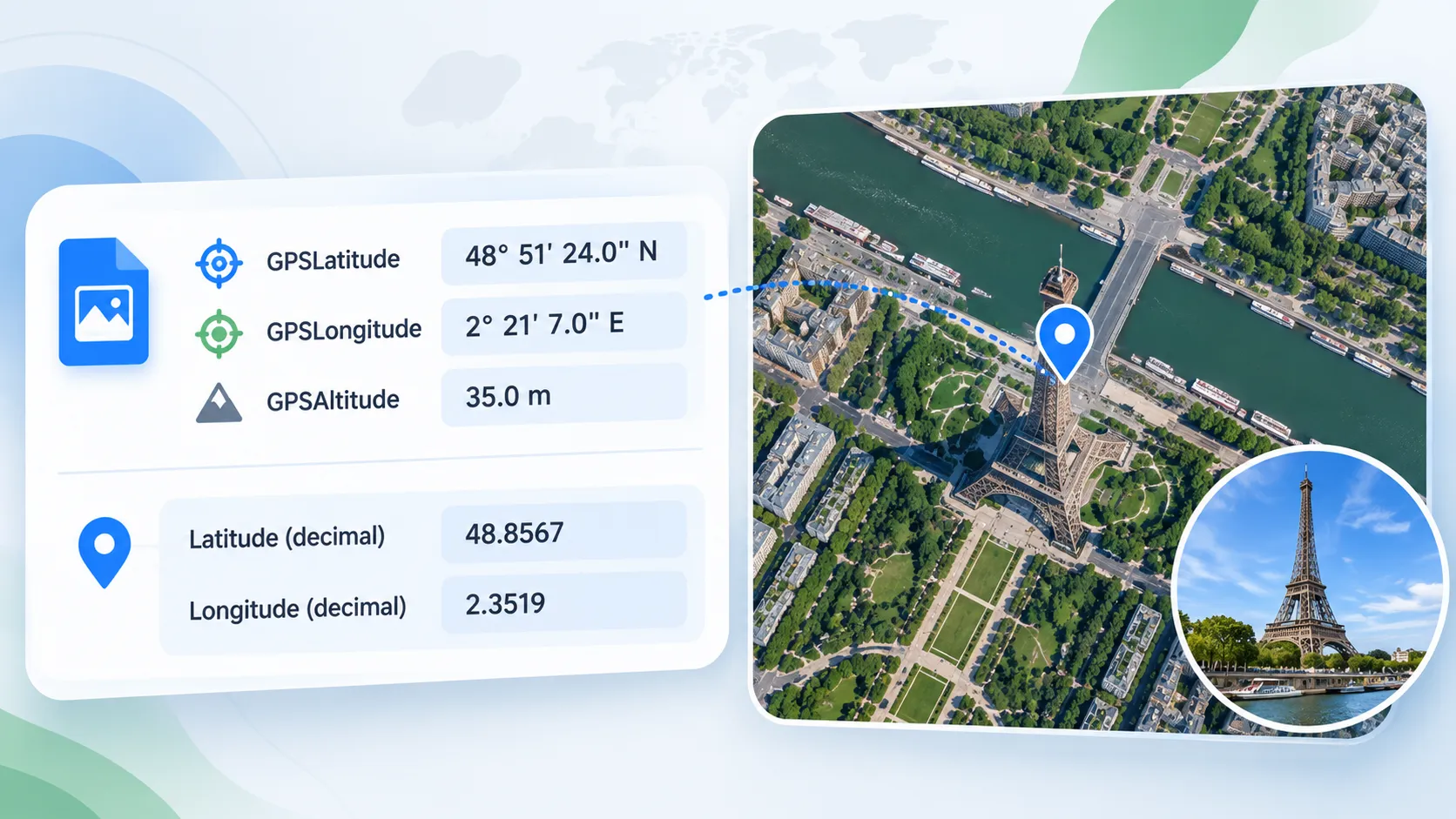 Example showing GPS coordinates in EXIF metadata displayed in both DMS and decimal degree formats with a map pin