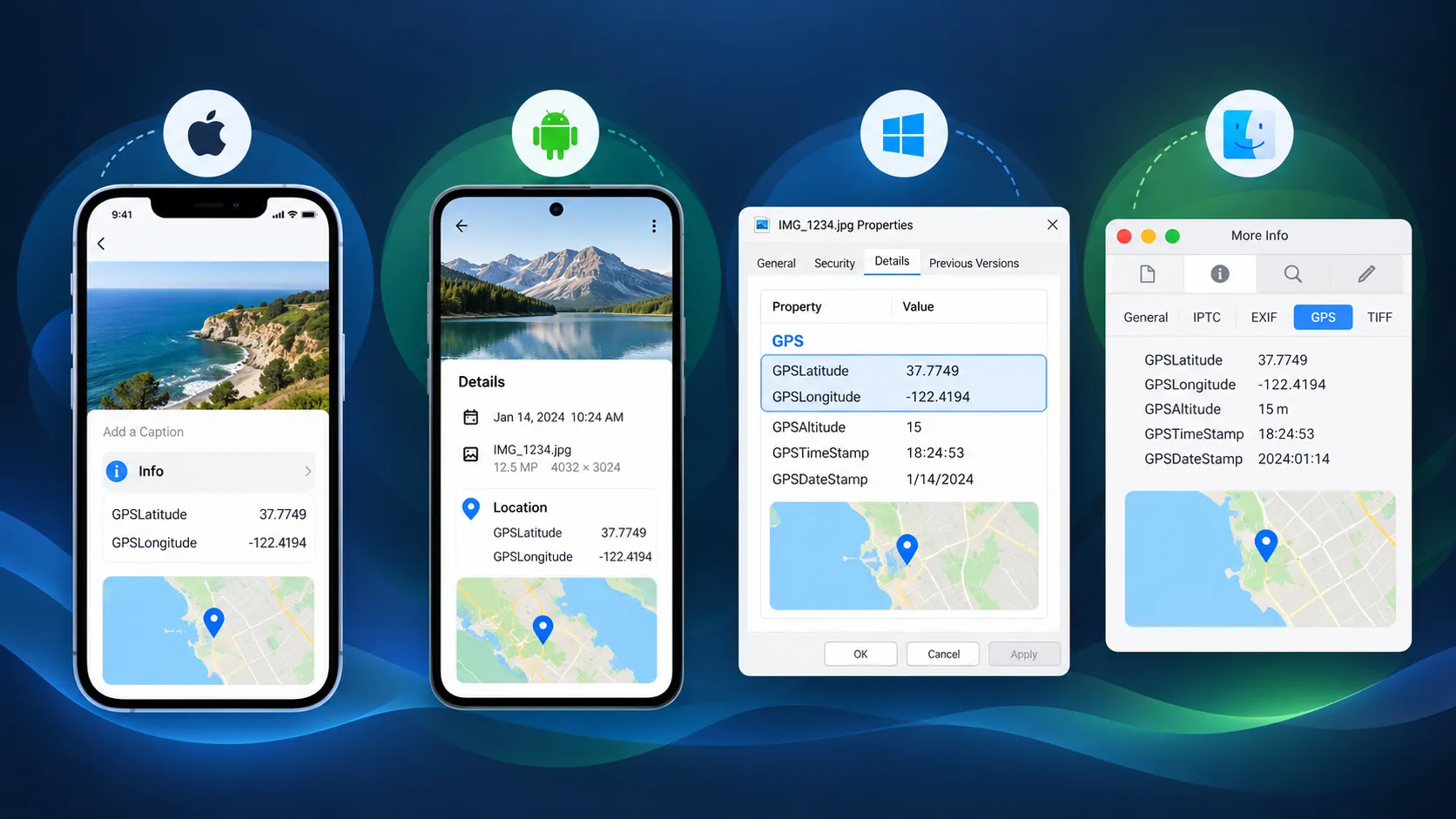 Four-panel illustration showing how to check photo GPS metadata on iPhone, Android, Windows, and macOS